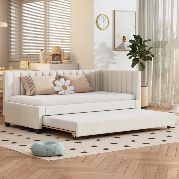 Canapé-lit - AMBIANCE - 90x200cm - Extensible - Lit rembourré - Lit Multifonctionnel - Sommier à lattes - Tissu velours - Beige