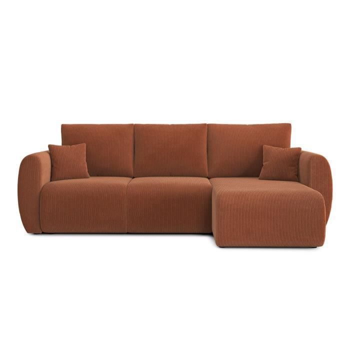 Canapé d'angle convertible REFA en velours côtelé terracotta 4 places - Réversible - Coffre de rangement - BAÏTA