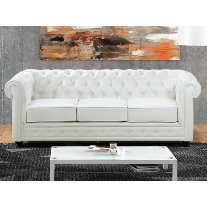 Canapé 3 places en simili Chesterfield - Blanc - Style classique intemporel - Confort moelleux