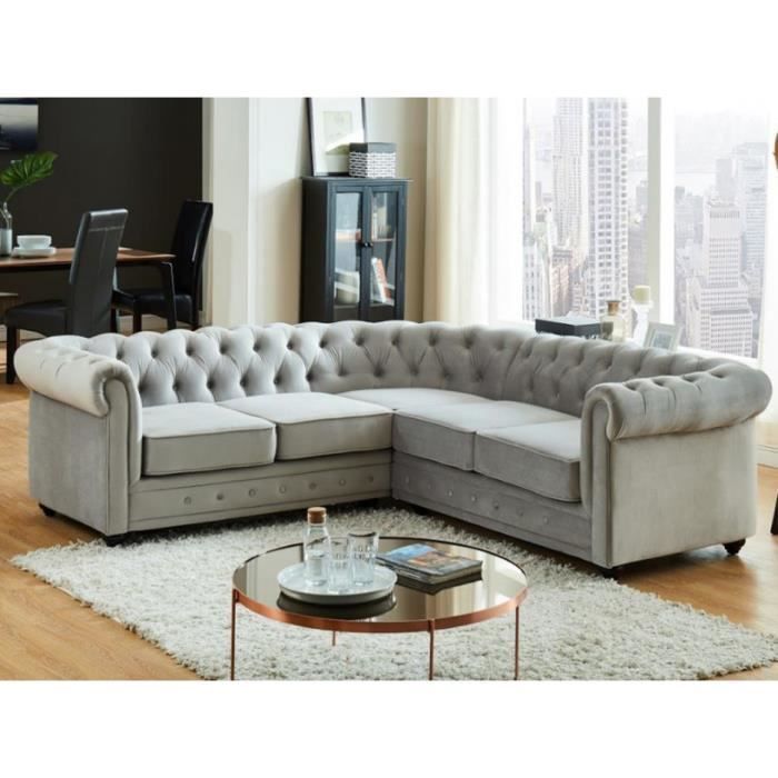 Canapé d'angle en velours - CHESTERFIELD - Gris - Réversible - 4 places