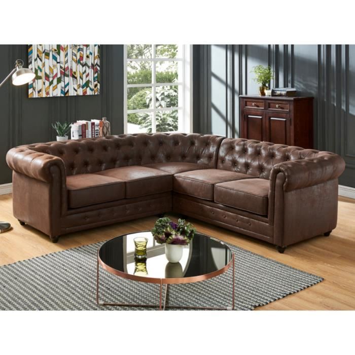 Canapé d'angle - CHESTERFIELD - Microfibre aspect cuir vieilli - Réversible - Vintage - Confort moelleux