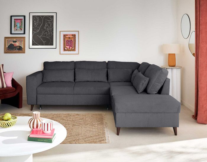 Canapé d'angle réversible 5 places en velours côtelé - Gris Anthracite - Aubepine