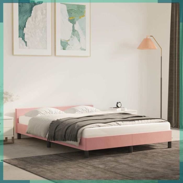 Cadre de lit et tête de lit sans matelas rose 140x190cm velours-FHE347572
