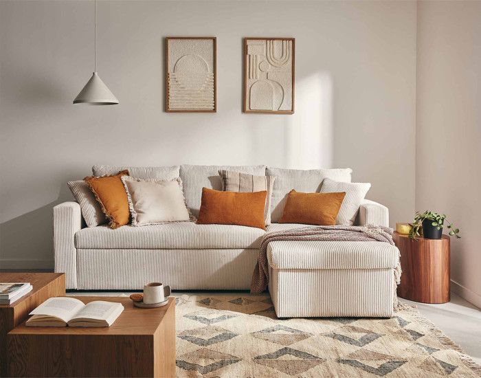 Canapé d'angle réversible 4 places en velours côtelé - Beige - BESTMOBILIER - Convertible avec coffre