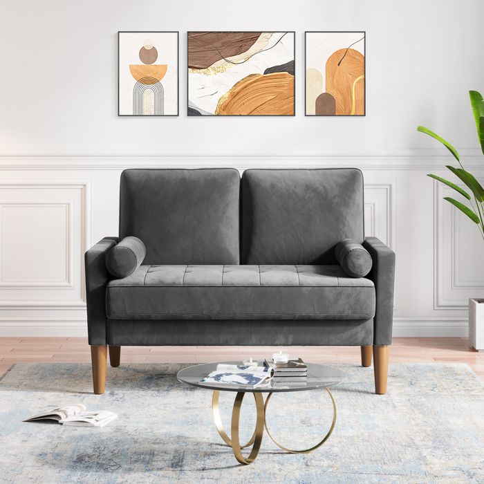 Mini Canapé 2 places en Velours Gris 121x77x86cm,Canapé Scandinave avec 2 petits coussins pour le salon,chambre à coucher