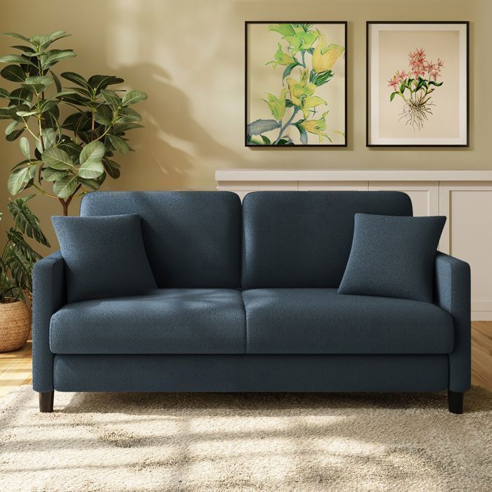 Canapé 2 Places en Velours Teddy Bleu Gris pour Salon,Canapé Scandinave avec 2 coussins comfortable,pieds en bois,165×78×85CM