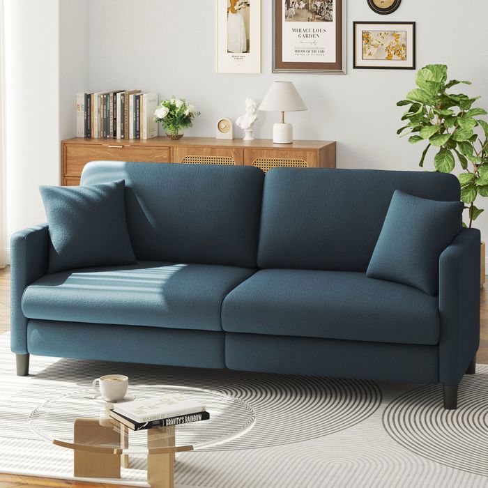 Canapé 3 Places en Velours Teddy Bleu Gris pour Salon,Chambre à Coucher,Canapé Scandinave avec 3 coussins,2 oreillers,193×78×85CM