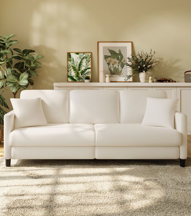 Grand Canapé 3 Places en Velours Teddy Beige avec 3 coussins,2 oreillers,Canapé Scandinave pour Salon,Chambre à Coucher,210×78×85CM