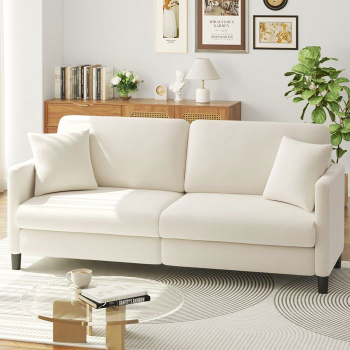 Canapé 3 Places en Velours Teddy Beige pour salon,Canapé Moderne Scandinave avec trois coussins,pieds en bois,193×78×85CM