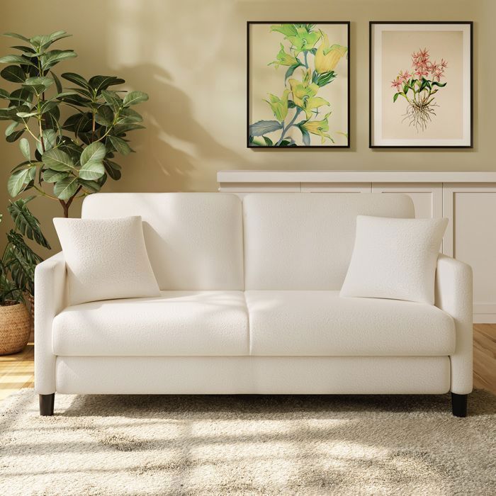Canapé 2 Places en Velours Teddy Beige pour Salon,Chambre à Coucher,Canapé Scandinave avec 2 coussins,pieds en bois,165×78×85CM
