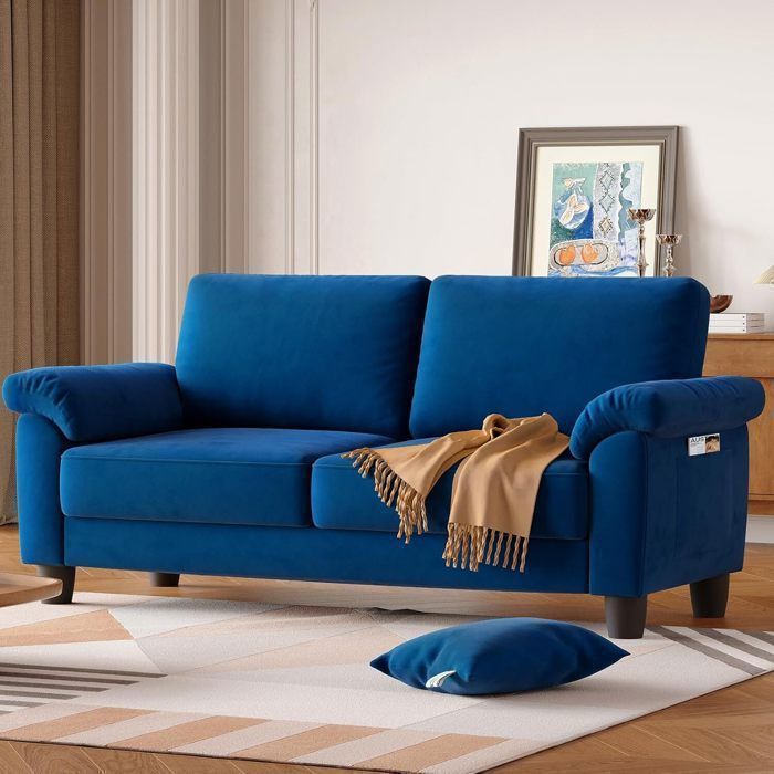 Canapé 2 Places en Velours Bleu pour Salon,Petits Espaces,Chambre,Contemporain , Fauteuil  Scandinave avec 2 coussins,178x76x87cm