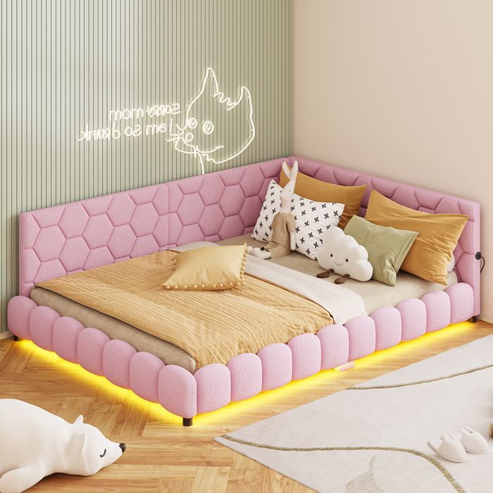 Canapé-lit - AMBIANCE  - 140x200cm - Lumière LED - avec Port USB & Type-C - Cadre de lit en Velours