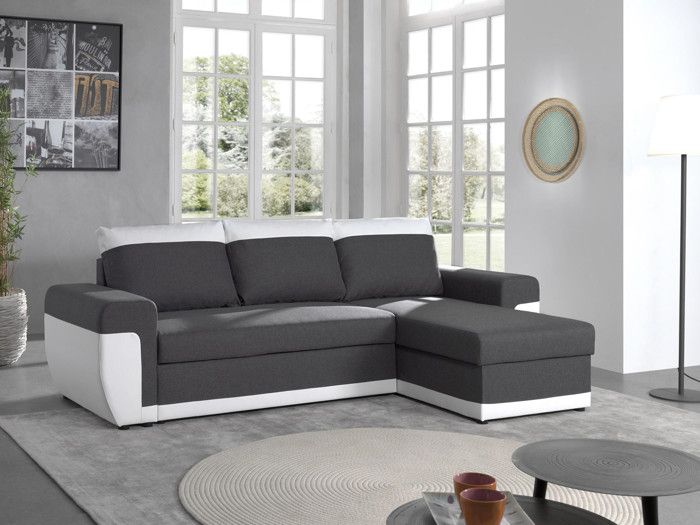 Canapé d'angle réversible Milan - 4 places - Convertible avec coffre - En simili et tissu - Blanc / Gris