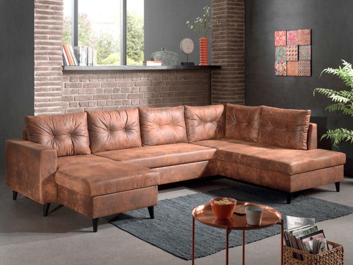 NORDIC - Canapé panoramique en U - 7 places - Convertible - Industriel vintage - Angle Droit Couleur - Marron
