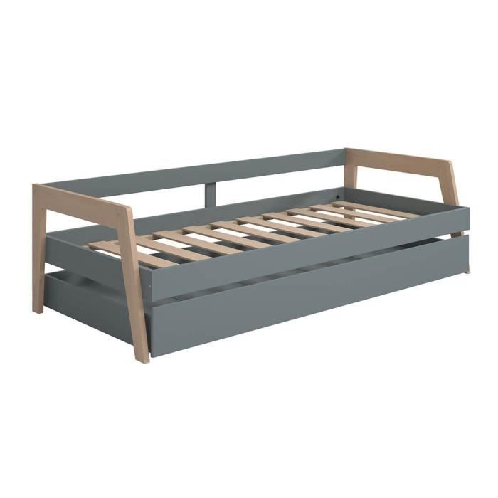 HOARA - Lit Banquette 90x200cm avec Tiroir en MDF et Pin Coloris Gris Vert et Naturel