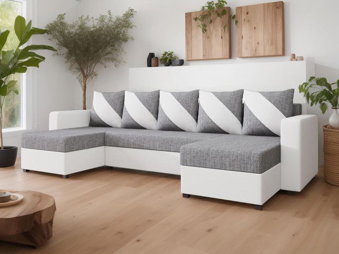 Romy - canapé panoramique U - convertible - avec coffre - en tissu et PU - 7 places - style contemporain Couleur - Blanc / Gris