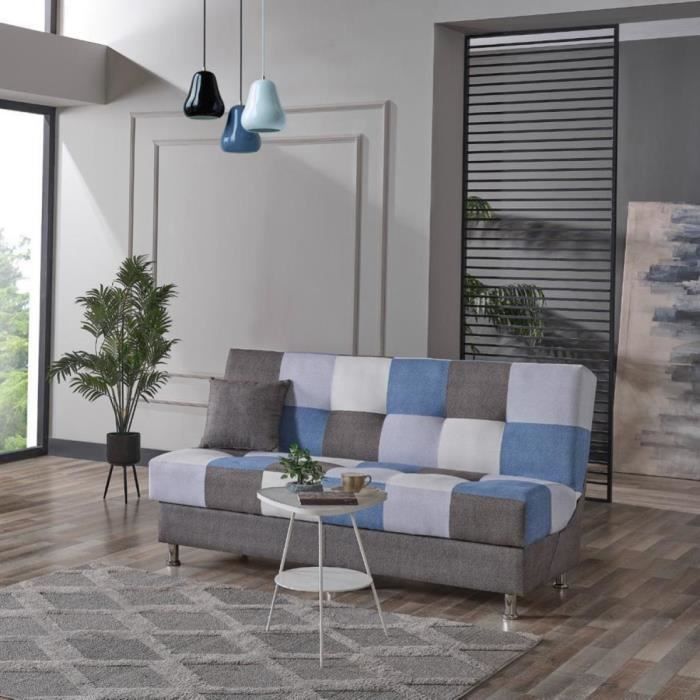 Canapé convertible 3 places patchwork bleu 190 cm avec rangements - PRIMUR
