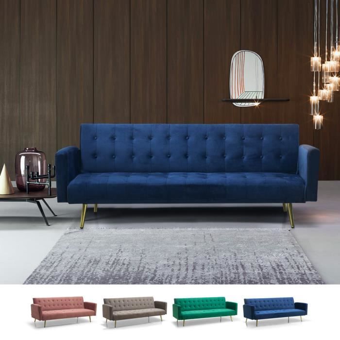 Canapé convertible design moderne clic clac 3 places en tissu velours Caullae - couleur:Bleu