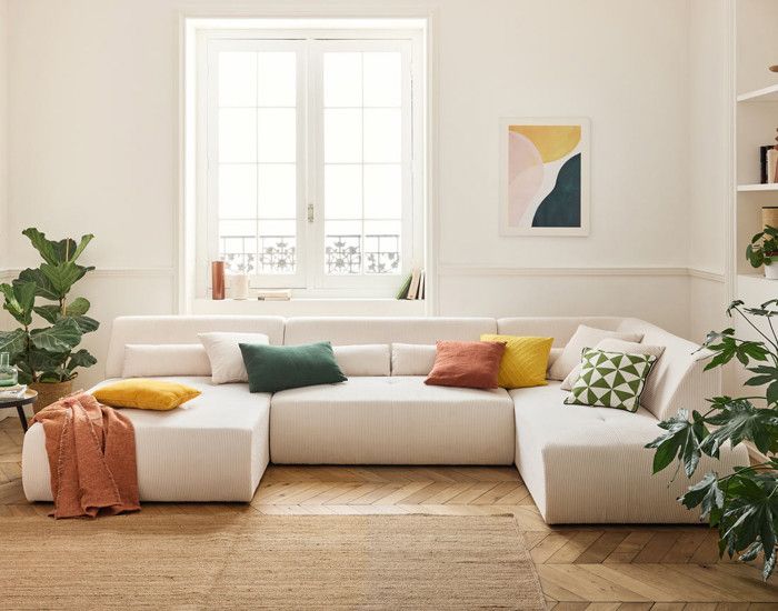 Canapé panoramique d'angle droit 7 places en velours côtelé - BESTMOBILIER