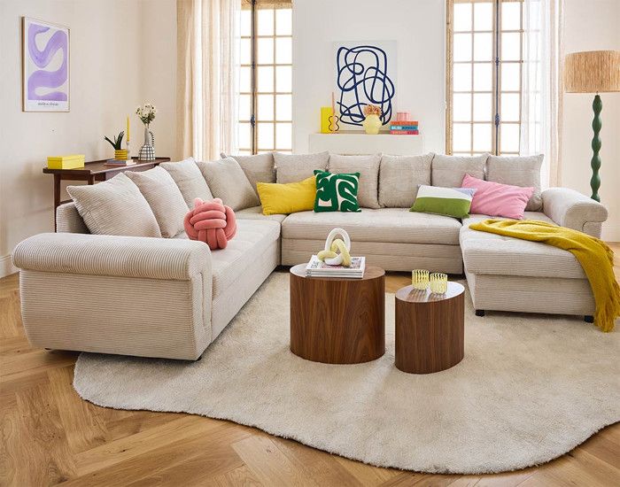 Canapé panoramique convertible Henry - BESTMOBILIER - 7 places - Velours côtelé - Beige
