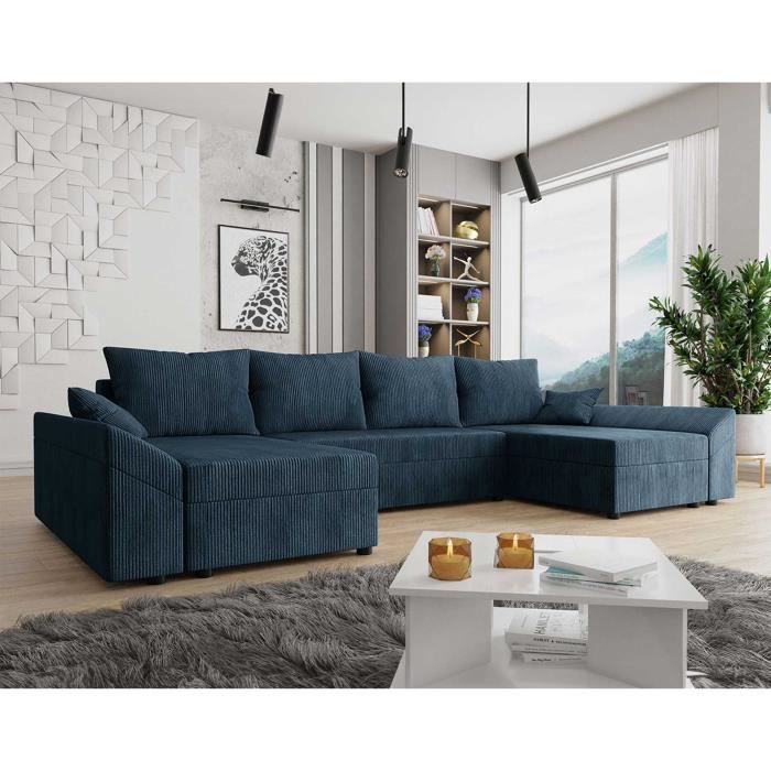 Canapé panoramique en U - BESTMOBILIER - Mike - Convertible avec coffre - Velours côtelé - Bleu Ardoise