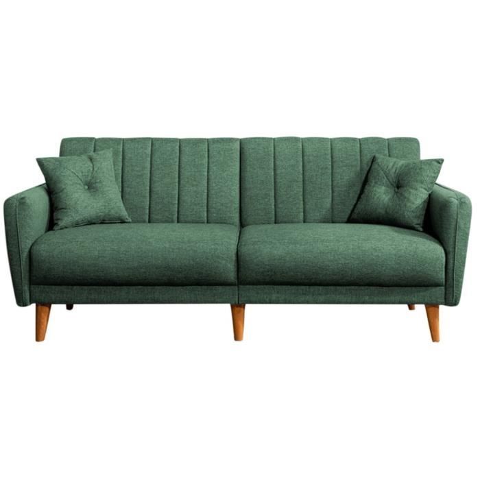 Canapé lit 3 places tissu lin vert et pieds bois naturel Shekal