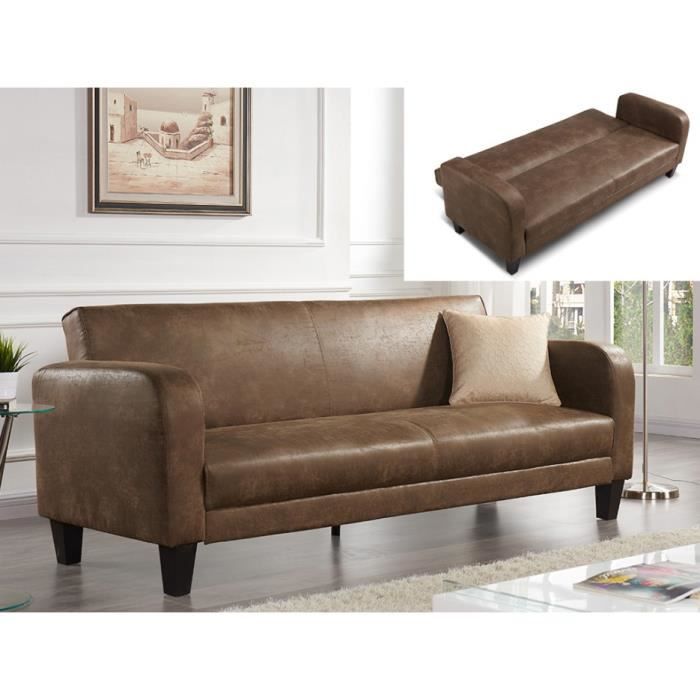 Canapé convertible INICIO - MARQUE - 3 places - Style vintage - Microfibre aspect cuir vieilli