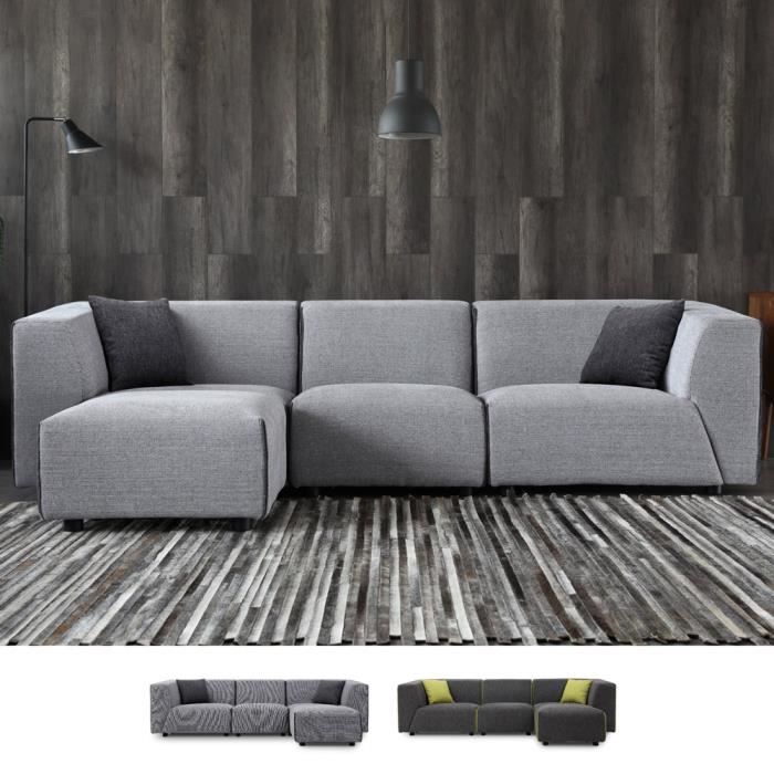 Canapé modulable 3 places en tissu de style moderne avec pouf Jantra - couleur:Gris clair