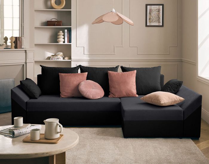 Canapé d'angle réversible convertible avec coffre en velours 4 places - Noir / Gris - BESTMOBILIER