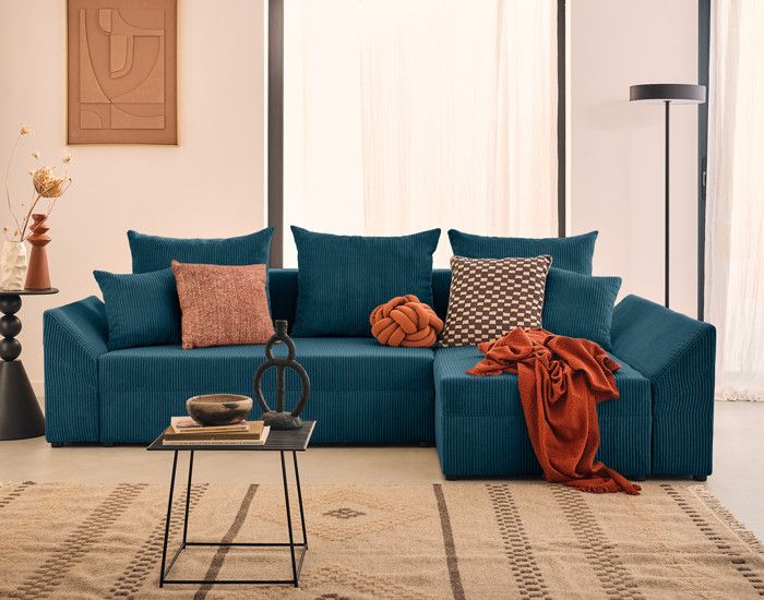 Canapé d'angle réversible 4 places convertible avec coffre en velours côtelé - Bleu Ardoise - BESTMOBILIER