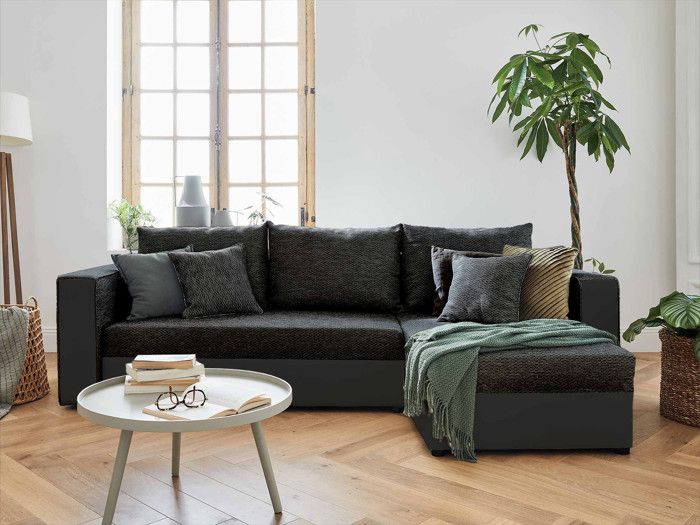 Canapé d'angle réversible 4 places convertible avec coffre en tissu et simili noir - BESTMOBILIER