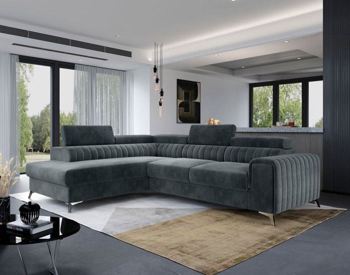 Canapé d'angle gauche convertible avec coffre en velours gris - BESTMOBILIER - Talisay - 5 places