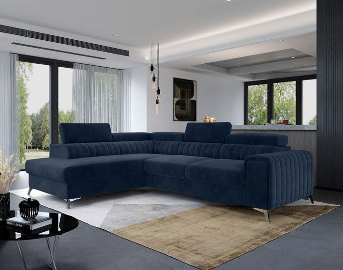 Canapé d'angle gauche convertible avec coffre en velours bleu marine - BESTMOBILIER