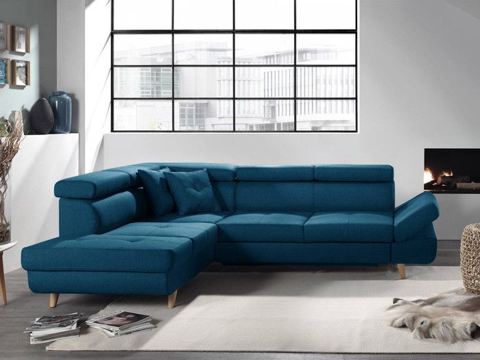 Linea - Canapé d'angle gauche convertible scandinave - L 252 x P 190cm Couleur - Bleu canard