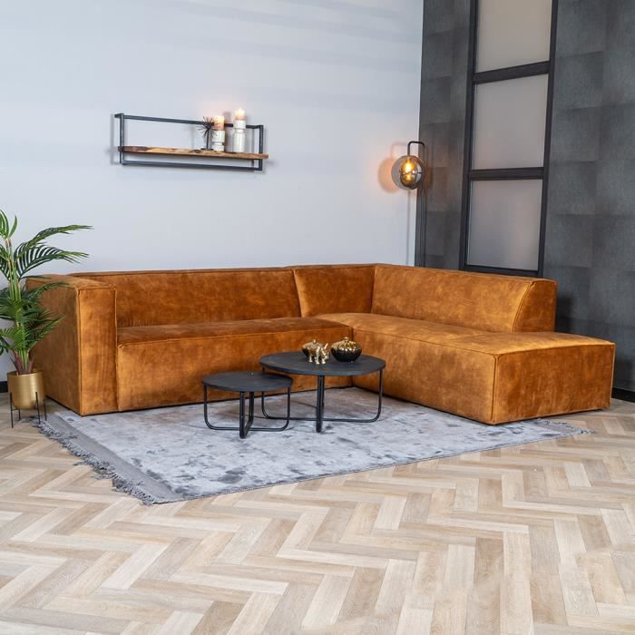 Livin24  Canapé d'angle en velours Memphis cognac droit