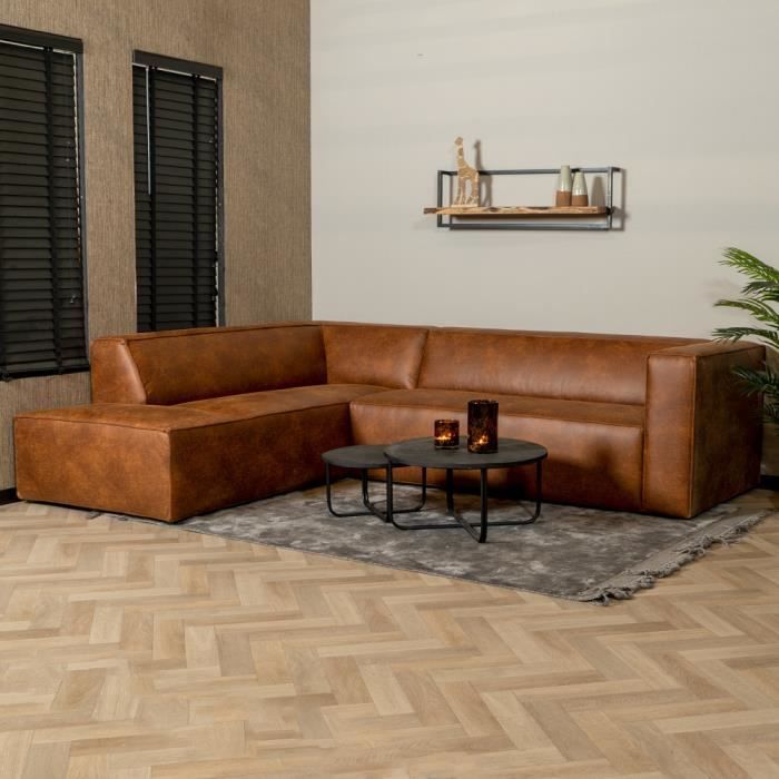 Livin24  Canapé d'angle industriel Memphis éco-cuir cognac gauche