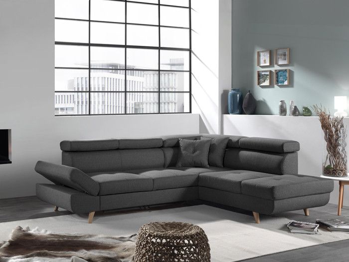 Canapé d'angle droit convertible scandinave - L 252 x P 190cm - Gris foncé - Linea