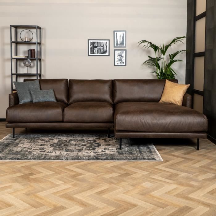 Canapé d'angle droit Denver brun éco-cuir - Livin24 - Industriel - Loft - 4 places - Avec accoudoirs - Moelleux