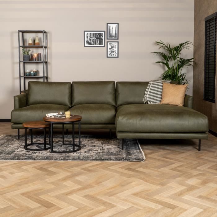 Livin24  Canapé industriel d'angle droit Denver vert olive éco-cuir