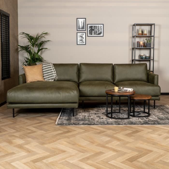 Canapé d'angle Livin24 Denver vert olive en éco-cuir - Style industriel - 4 places - Confort moelleux