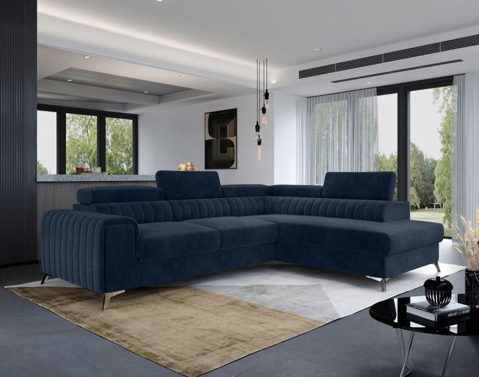 Canapé d'angle convertible Talisay - BESTMOBILIER - 5 places - Coffre de rangement - Velours Bleu marine