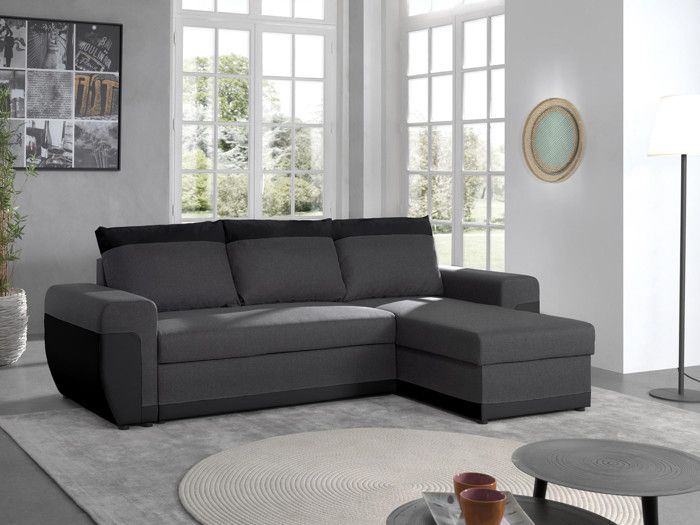 Canapé d'angle réversible convertible avec coffre en simili et tissu - Milan - BESTMOBILIER - Noir/Gris