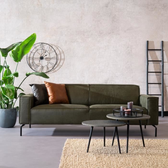 Canapé industriel 3 places Kansas vert olive - Livin24 - Cuir écologique - Confort moelleux - Ressorts Nosag