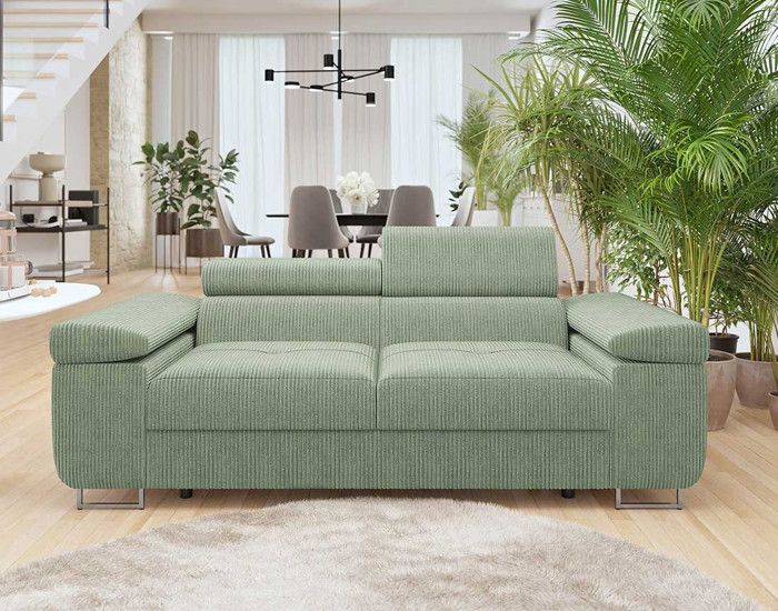 Canapé droit 2 places en velours côtelé vert sauge avec têtières ajustables - BESTMOBILIER