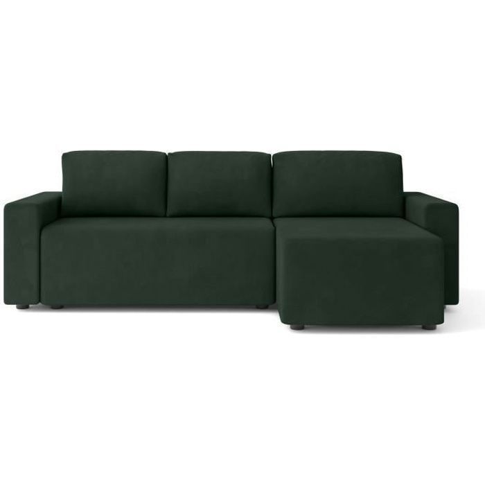 Canapé d'angle convertible MAX en velours vert 4 places - Réversible - Coffre de rangement - BAÏTA
