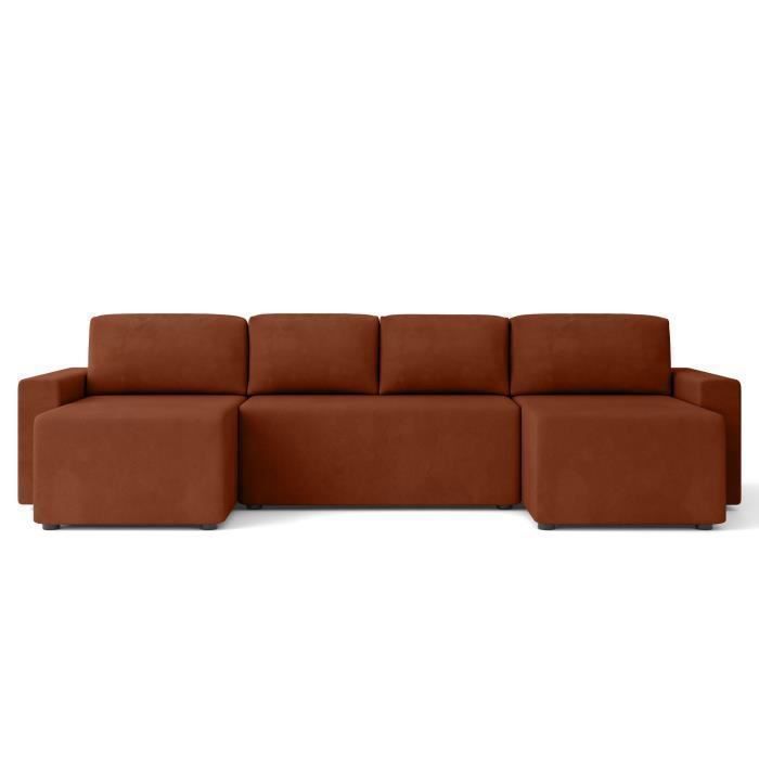 Canapé panoramique convertible MAX en velours terracotta 6 places - Coffre de rangement - BAÏTA