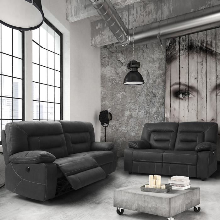 Canapés Relax Electriques 3 Places et 2 Places - ALTOBUY - Almeria - Tissu - Gris foncé - Confort moelleux