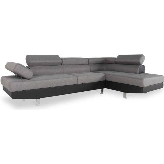 Canapé d'angle droit Charly Gris et Noir - Contemporain - Design - 5 places - Tissu/Simili