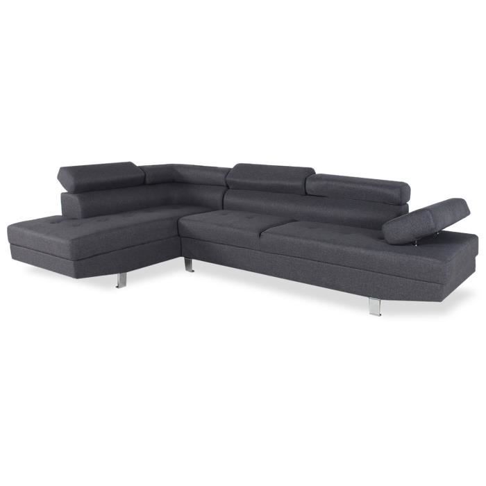 Canapé d'angle gauche Charly - Tissu Gris - 5 places - Têtières relevables