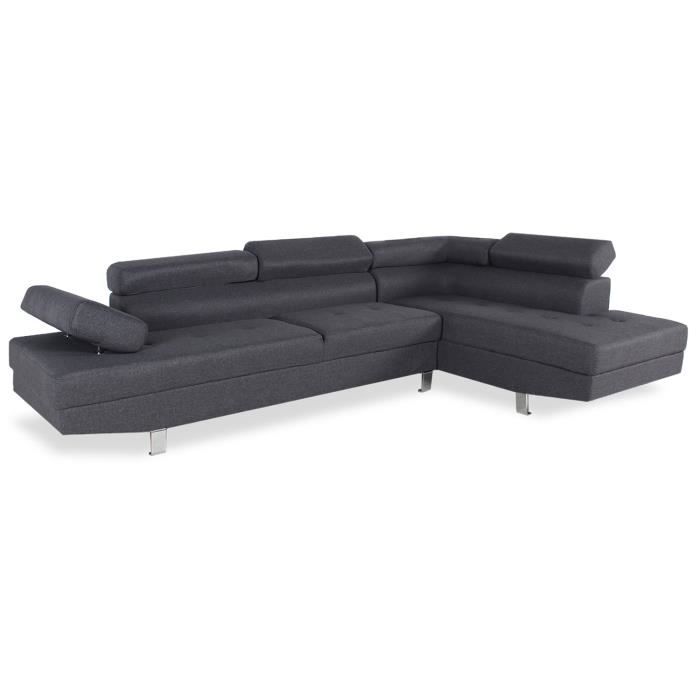 Canapé d'angle droit Charly - Tissu Gris - Style contemporain - 5 places - Têtières relevables